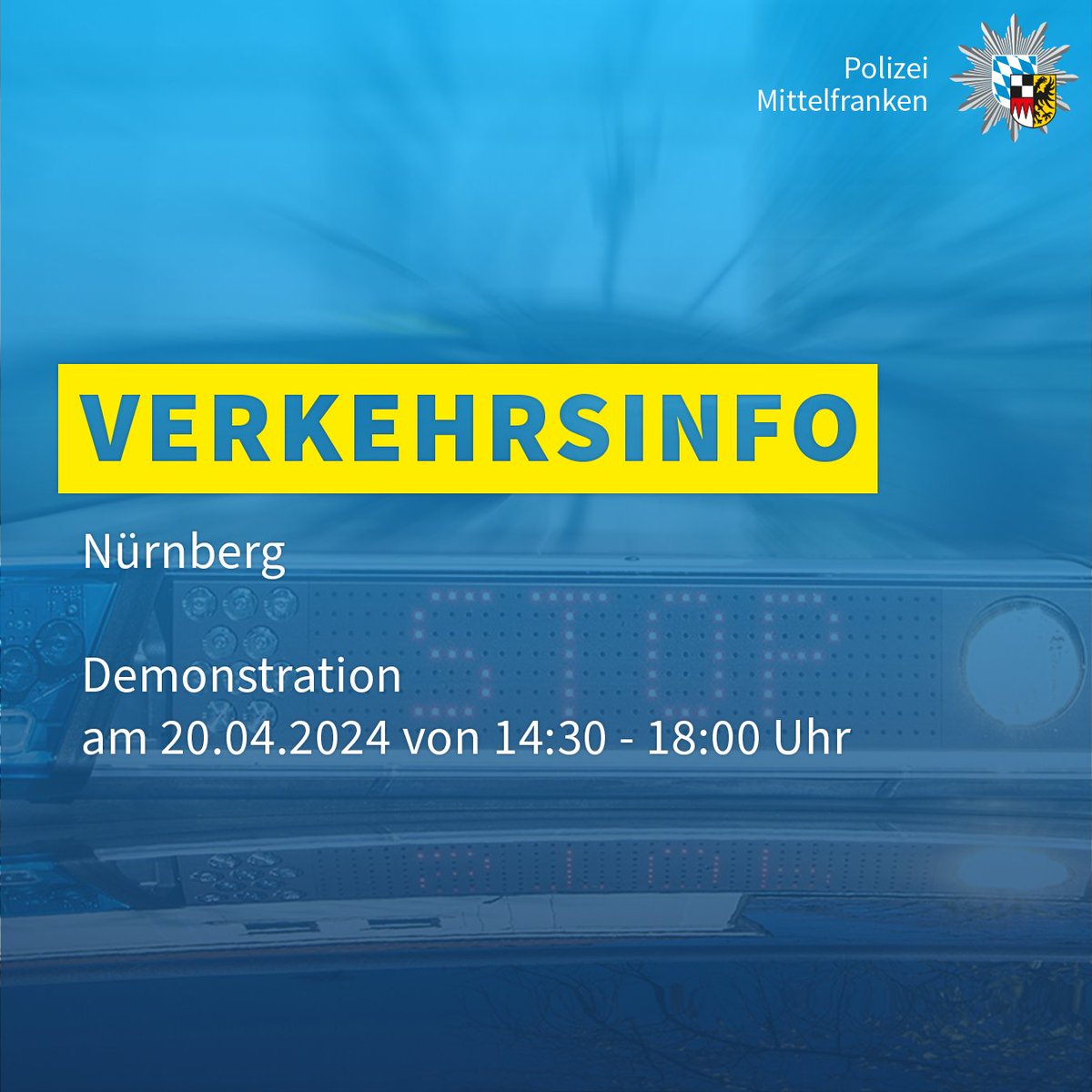 Am Samstag (20.04.2024) findet in #Nürnberg von 14:30 Uhr bis 18:00 Uhr eine Demonstration statt. Deshalb kommt es im genannten Zeitraum im Bereich der Strecke zu #Verkehrssperren und #Verkehrsbehinderungen. Weitere Infos unter: ▶️ polizei.bayern.de/aktuelles/pres…