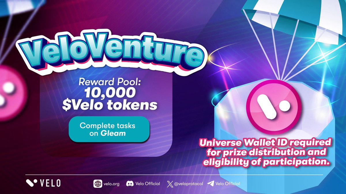 🥳 Velo Airdrop

🏆 Prize Pool - 10,000 $VELO

To Enter
✅ Follow <a href="/veloprotocol/">Velo Official</a>
✅ RT &amp; Tag 3 Friends
✅ Complete #Gleam⤵️
gleam.io/WRAL9/velo-giv…

🕘 Ends 24th April

#Airdrop #Giveaway #Crypto #AirdropUltimate #VeloProtocol #VELO