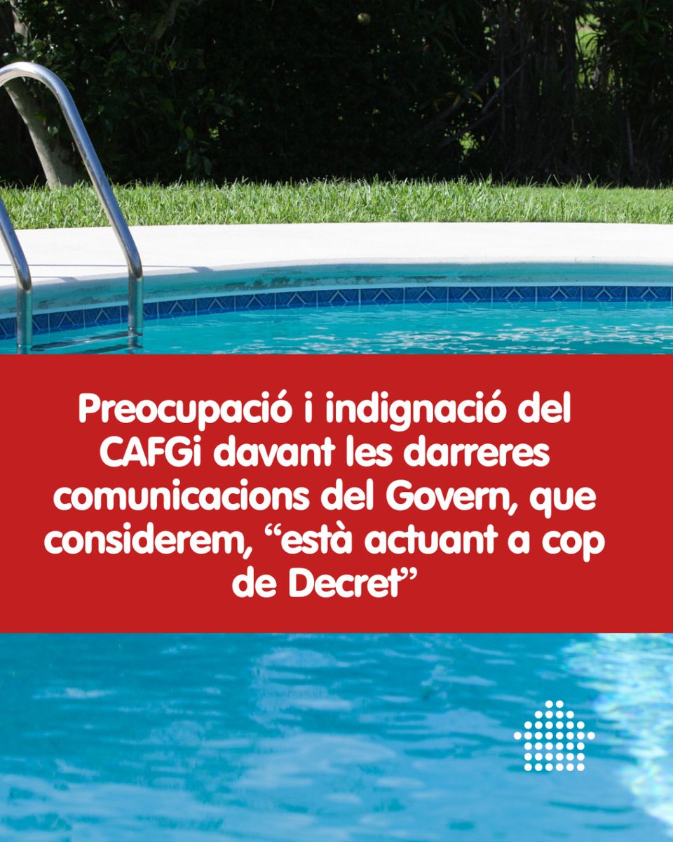 cafgirona's tweet photo. ❌ Des del #CAFGi veiem inviable l’aplicació del decret llei de la @gencat que trasllada als #ajuntaments la responsabilitat de decidir sobre l'obertura de #piscines públiques i privades aquest estiu 👇 https://t.co/liZfpvllb8