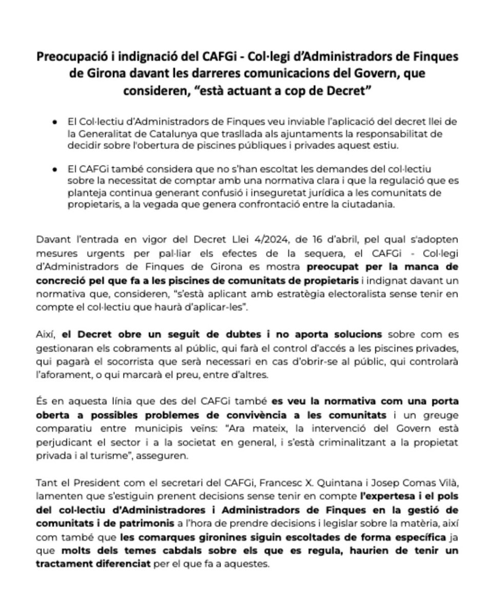 cafgirona's tweet photo. ❌ Des del #CAFGi veiem inviable l’aplicació del decret llei de la @gencat que trasllada als #ajuntaments la responsabilitat de decidir sobre l'obertura de #piscines públiques i privades aquest estiu 👇 https://t.co/liZfpvllb8