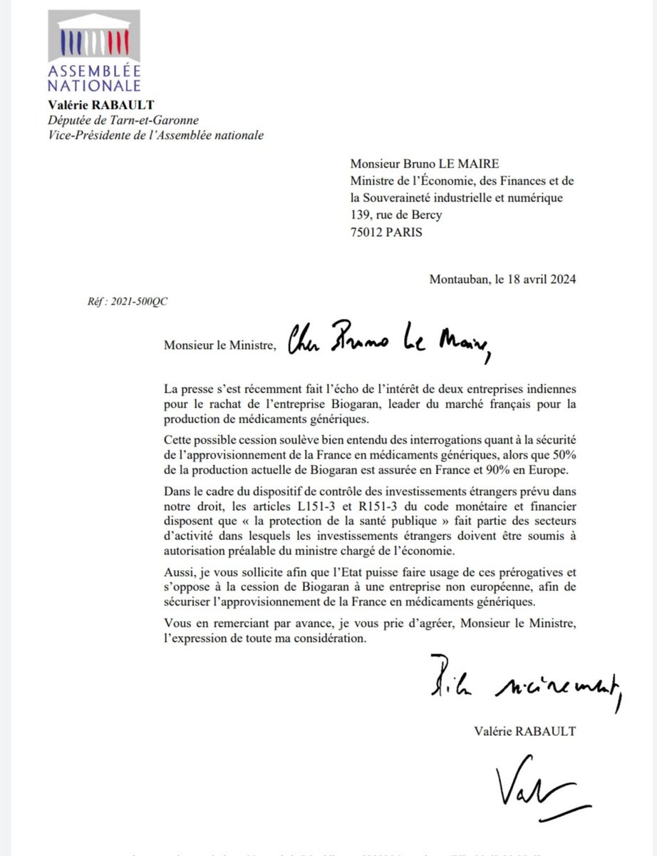 Bercy doit refuser la cession de Biogaran à des entreprises non-européennes, la loi lui donne le pouvoir de bloquer une telle cession Mon courrier à @BrunoLeMaire 👇