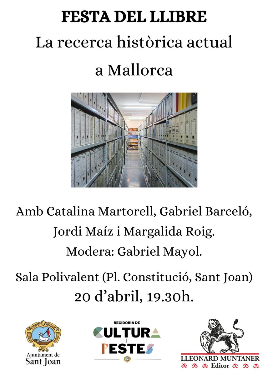 D'horabaixa, a la Sala Polivalent, continuarem la jornada amb una taula rodona molt engrescadora sobre la investigació històrica actual a Mallorca, amb quatre ponents i un moderador de luxe. @CatMartorell, @jmaizchacon , @bielbarcelo86 , @RoigSureda , @bielxiu @LleonardEditor