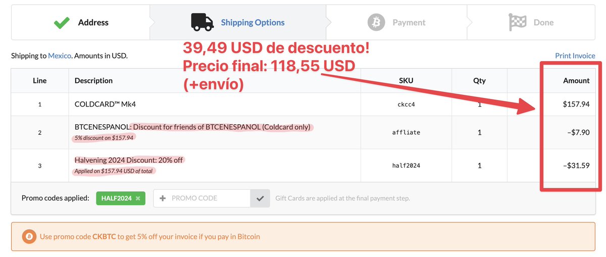 Muchos de los productos de la tienda de <a href="/COLDCARDwallet/">COLDCARD</a> están con un 20% de descuento hasta el #BitcoinHalving .

Te paso el link (tiene un 5% adicional!)
👉 btcen.es/coldcard

MK4
Precio original: 157,94 USD
Con todos los descuentos: 118,55 USD

No aplica para la Q :/