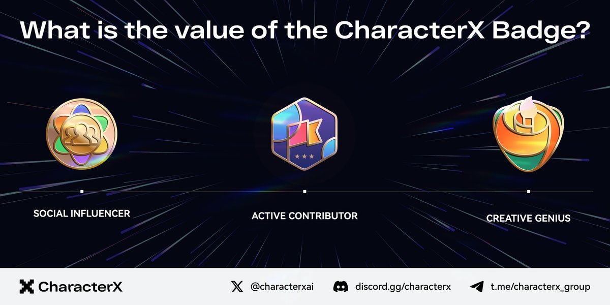 1/3🏅 Unlock the power of #CharacterX Badges! 

💡 At CharacterX, badges aren't just symbols – they're the hallmark of your achievements in our Synthetic Decentralized Social Network, powered by our pioneering #SDID system. 

✨ With three categories – Social Influencer, Active…