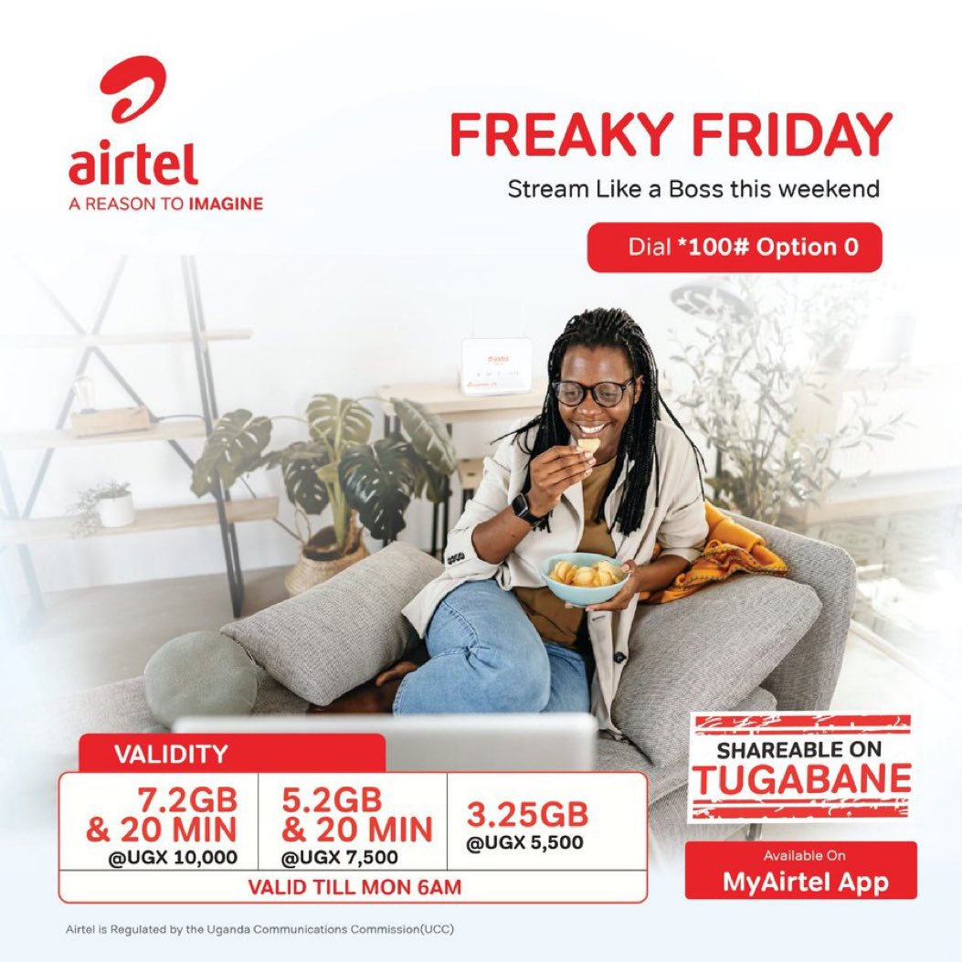 Let's spice it up with #FreakyFriday! Share the excitement via WhatsApp, text messages, with loved ones, friends, and family. Access by dialing *100# and choosing option 0 or using the #MyAirtelApp; airtelafrica.onelink.me/cGyr/qgj4qeu2.