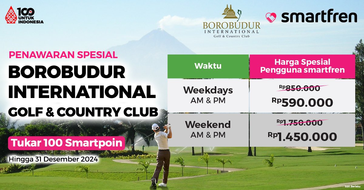 Penawaran spesial buat Kamu main golf di Borobudur Golf. Yuk tukar 100 SmartPoin sekarang! Klik s.id/20n1l