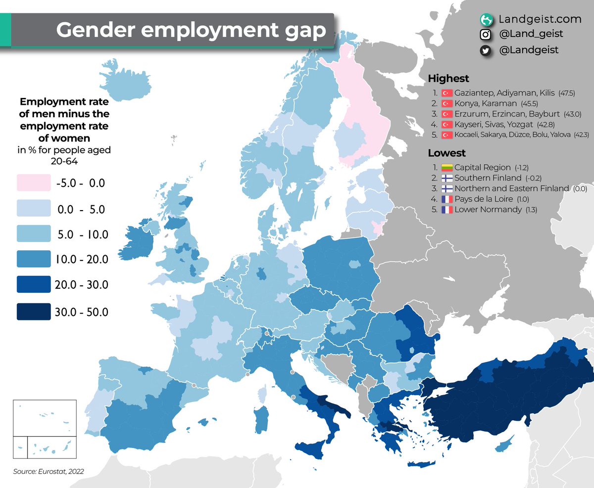 Gender employment gap in #Europe Full article: landgeist.com/2024/04/20/gen… #maps #GIS #dataviz #GeoSpatial #Spatial