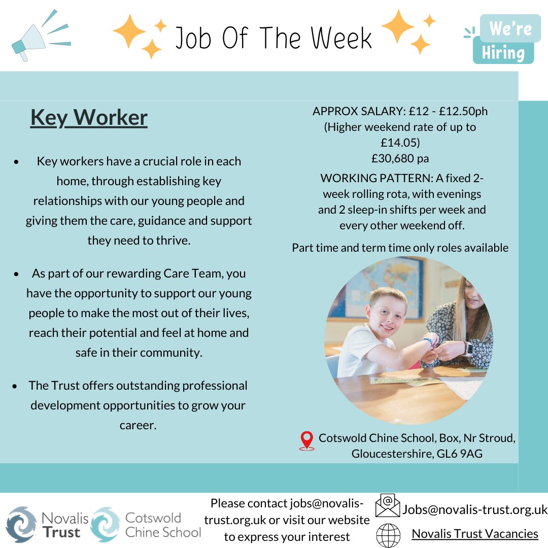 🌟 JOB OF THE WEEK 🌟 Keyworkers have a crucial role in the residential homes, establishing key relationships and providing children the care, guidance and support they need to thrive. To find out more about current vacancies please visit our website: novalis-trust.org.uk/careers/vacanc…
