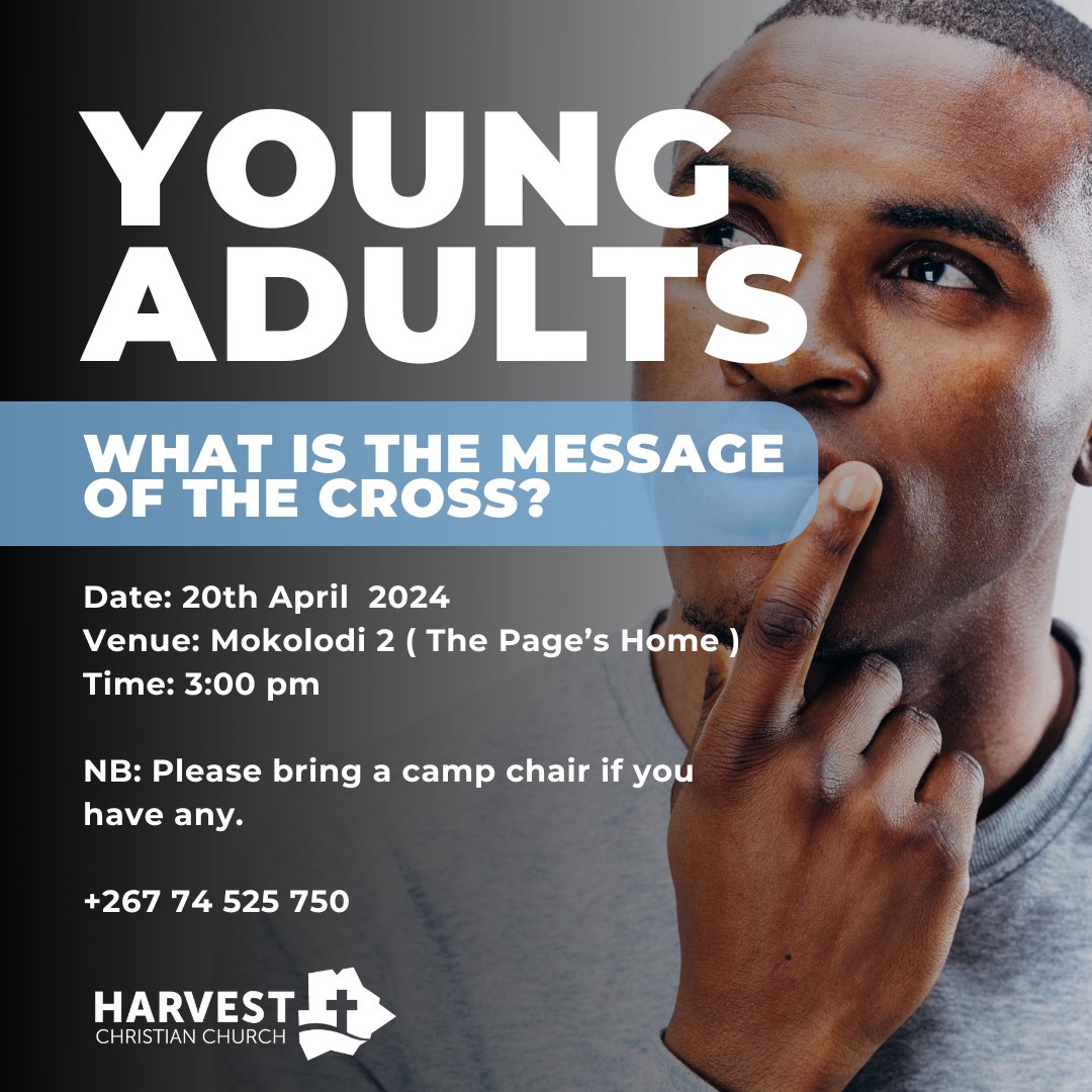 We would like to invite all our young adults to come together for a special time of fellowship together. 

We will be meeting @ the Page’s household in Mokolodi at 3:00 pm this Saturday. We would love to see you there, bring a chair and a friend.

#YoungAdults #Gaborone #Botswana