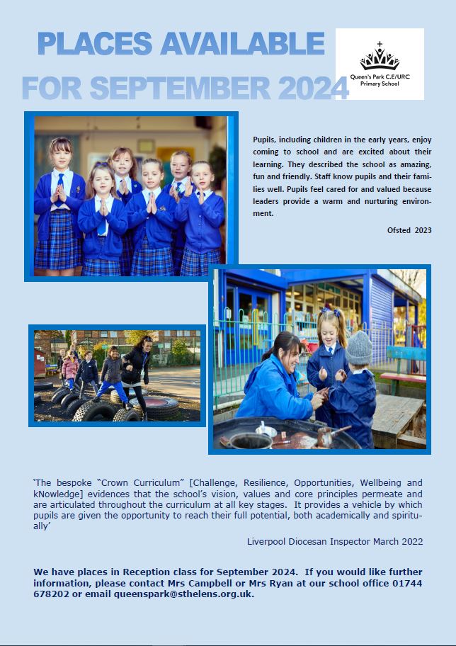 QueensCoEURC's tweet photo. We still have a few places available in our Reception class for a September 2024 start.  Please get in touch with our school office for further information. https://t.co/hCylEMCNXX