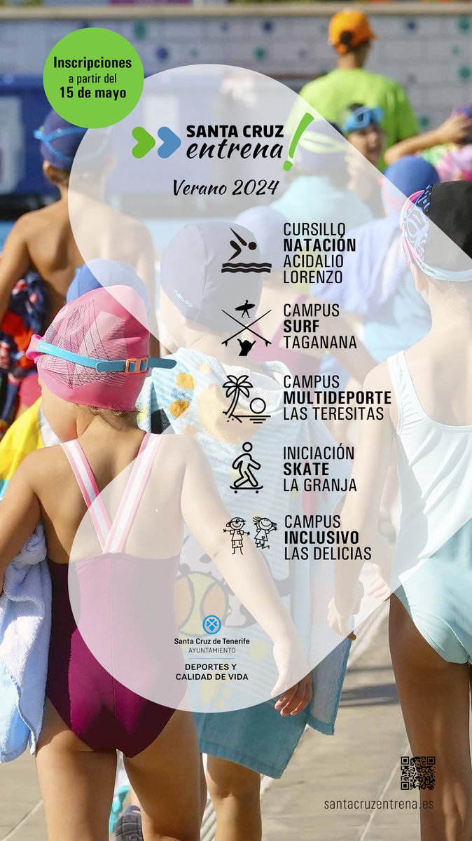 🏊🌊🏄🛹🏖️ ¡El verano está a la vuelta de la esquina! ¿Quieres disfrutarlo por todo lo alto? Elige el mejor plan deportivo para tus hijos/as 📅 El plazo de inscripción online y presencial se abrirá el 15 de mayo 👉 ¡Síguenos y te informaremos! #SantaCruzEntrena @santacruz_ayto