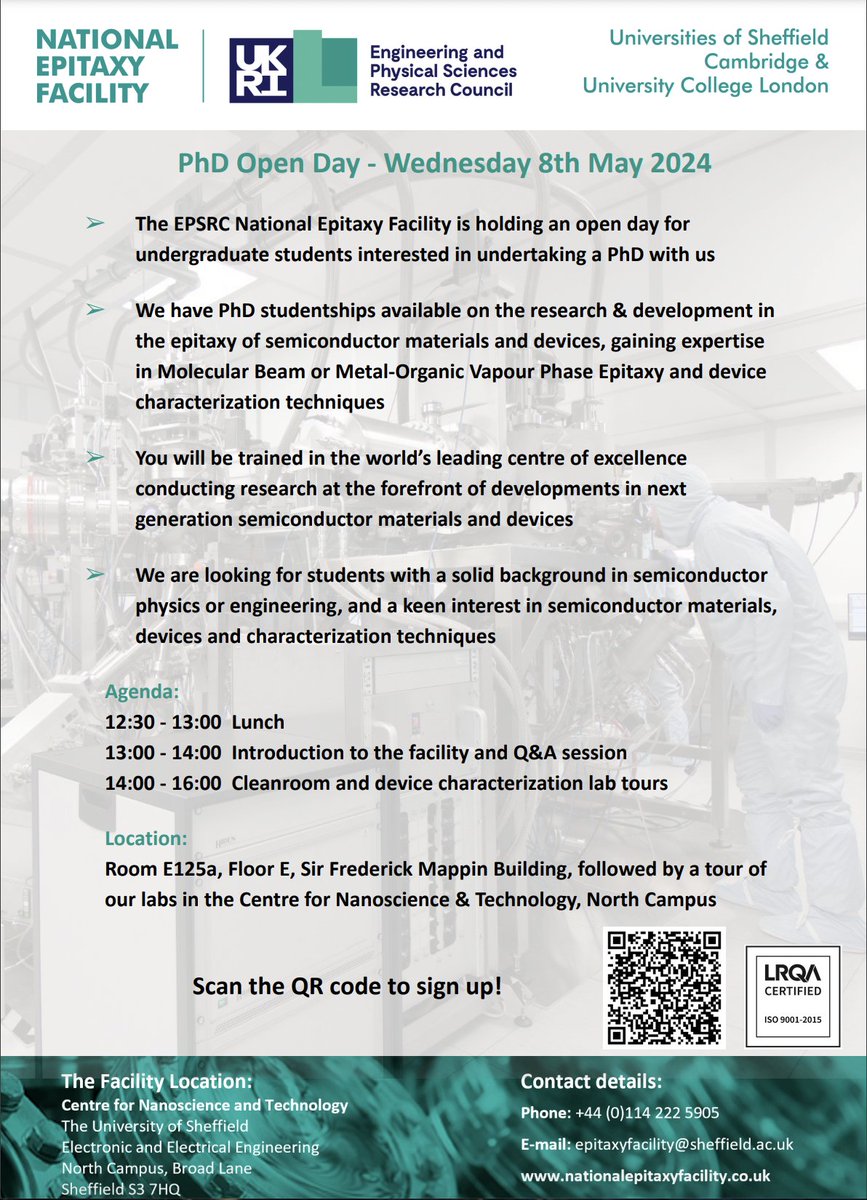 EngineeringSheffield (@sheffunieng) on Twitter photo The team over at <a href="/EpitaxyFacility/">UK Epitaxy</a> are holding an open day for students interested in undertaking a #PhD.
Taking place on Wednesday 8 May, you'll be able to speak to the team & get the opportunity to ask any questions you may have!
Register here 👉eventbrite.co.uk/e/national-epi… The team over at <a href="/EpitaxyFacility/">UK Epitaxy</a> are holding an open day for students interested in undertaking a #PhD.
Taking place on Wednesday 8 May, you'll be able to speak to the team & get the opportunity to ask any questions you may have!
Register here 👉eventbrite.co.uk/e/national-epi…
