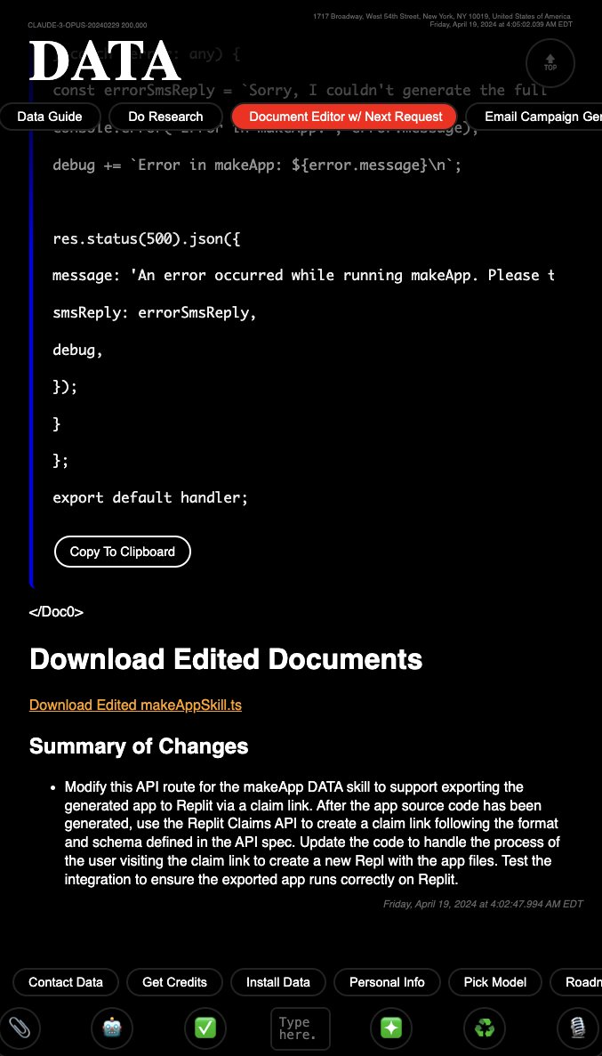 documentEditor just received a huge overhaul

meaning dataSkills can now fully debug themselves and edit / modify features with a chat interface!

And if you use the skill by itself, it just gives you a nice little list of final edited file download links and markdown blocks to