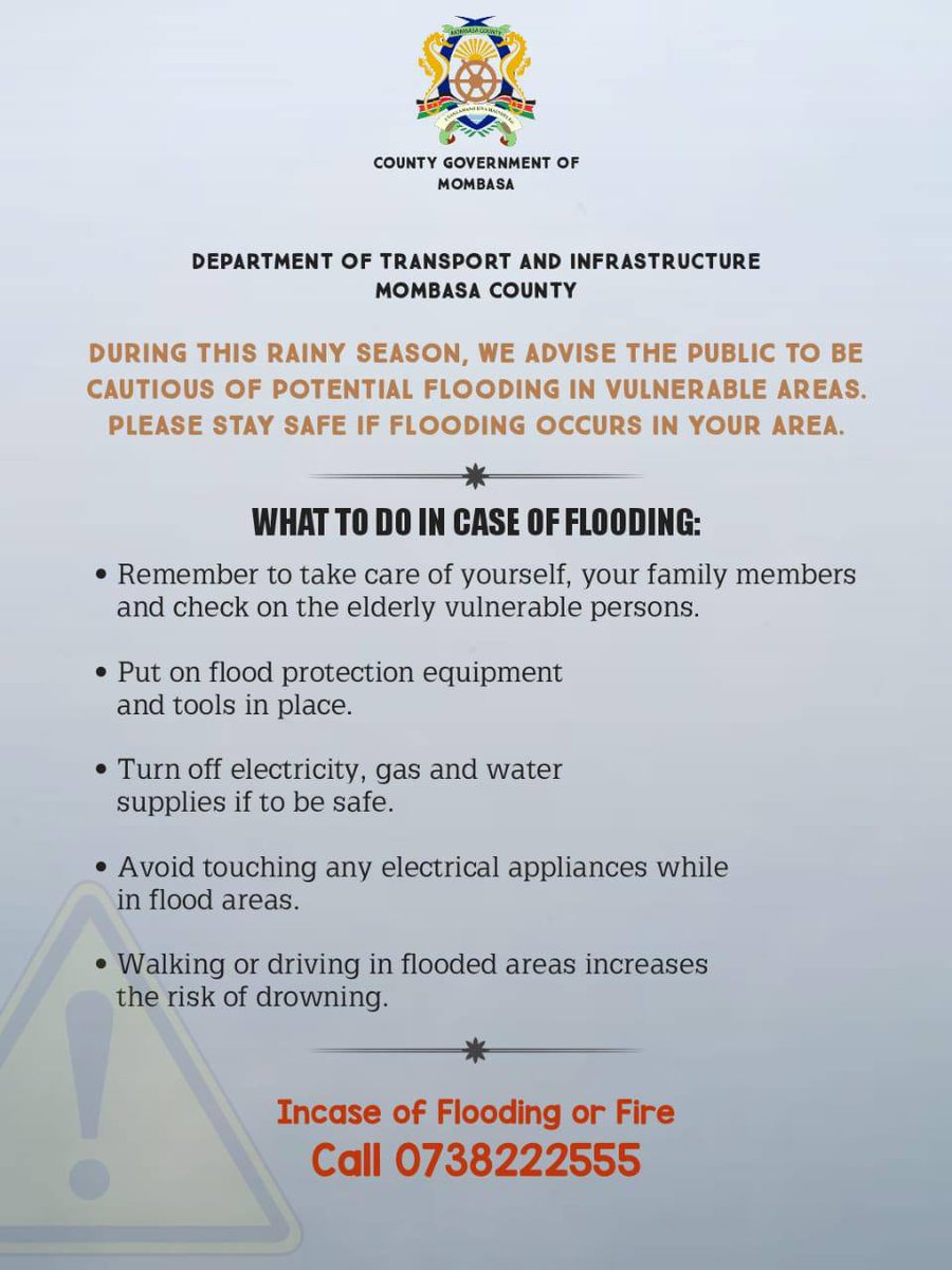 📢⚠️PUBLIC NOTICE...What to do in case of flooding.
 Call 0738 222 555 📲 to report flooding and fire incidences around you !

#EmergencyInformation #Advisory #StaySafe
