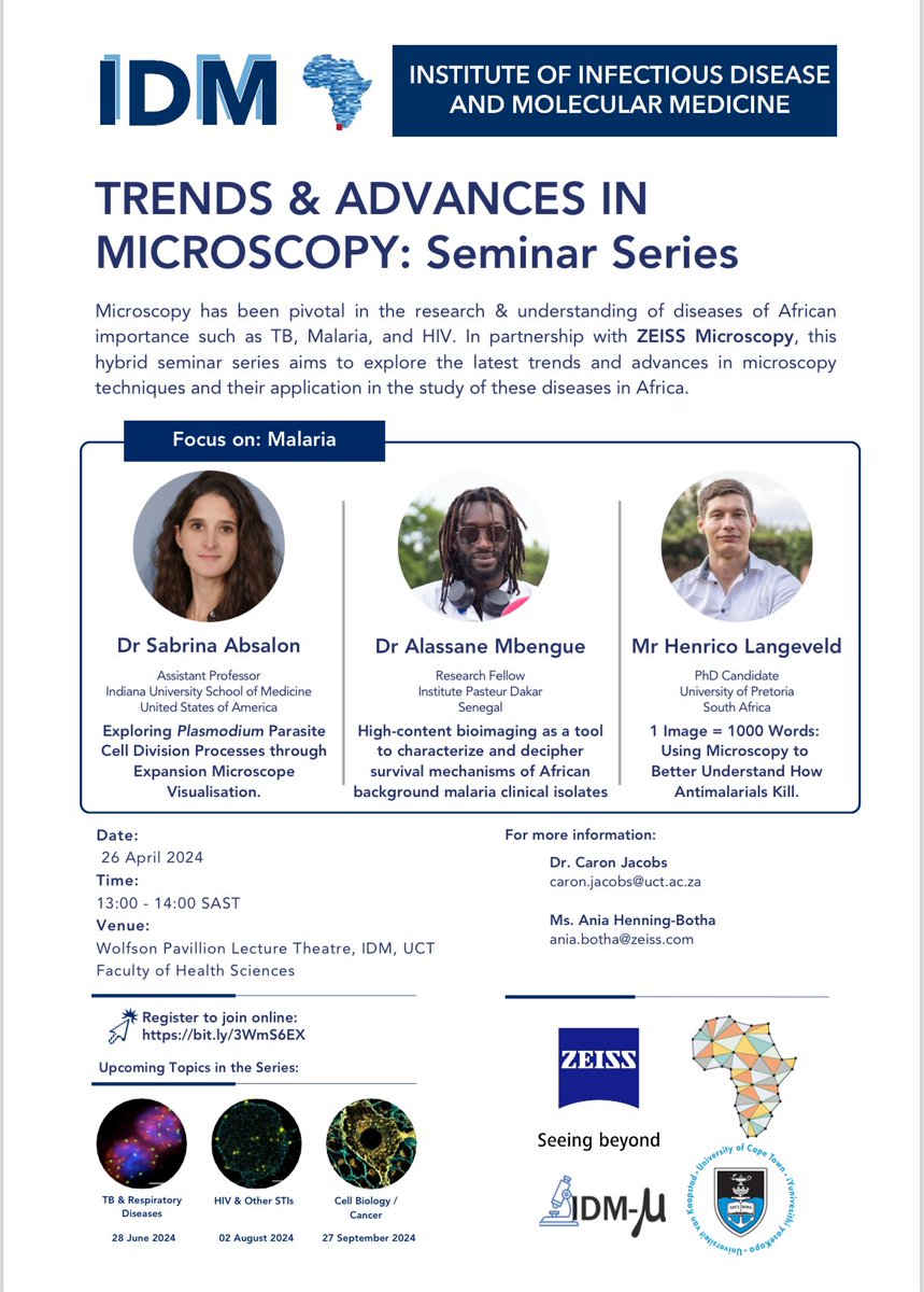 Henrico Langeveld (@henricolangeve1) on Twitter photo Come join on April 26 at 13:00 SAST to hear how microscopy is a valuable tool in the fight against malaria toolbox.
PS. The parasite pictures will be amazing!! They will make you see the parasite in a new light 🤩🤩
Thanks to <a href="/zeiss_micro/">ZEISS Microscopy</a>, <a href="/caron_ajacobs/">Dr Caron Jacobs</a> for setting this up. Come join on April 26 at 13:00 SAST to hear how microscopy is a valuable tool in the fight against malaria toolbox.
PS. The parasite pictures will be amazing!! They will make you see the parasite in a new light 🤩🤩
Thanks to <a href="/zeiss_micro/">ZEISS Microscopy</a>, <a href="/caron_ajacobs/">Dr Caron Jacobs</a> for setting this up.