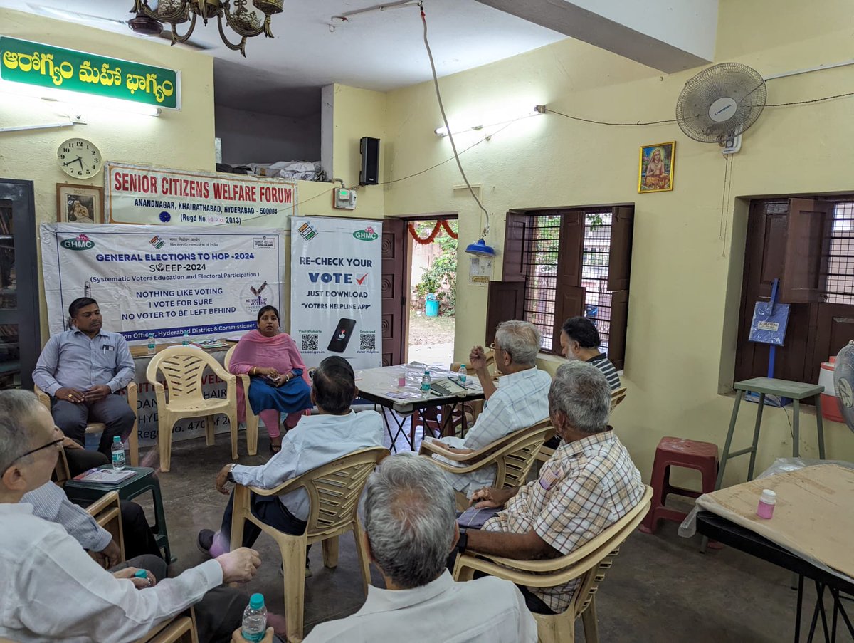 Empowering every voice! SVEEP activity at the Senior Citizen Day Care Center in Anand Nagar, Banjara Hills, under the Khairatabad Assembly Segment, raised awareness about PWD voter facilities and the Saksham app. Ensuring inclusivity and accessibility in the electoral process.…