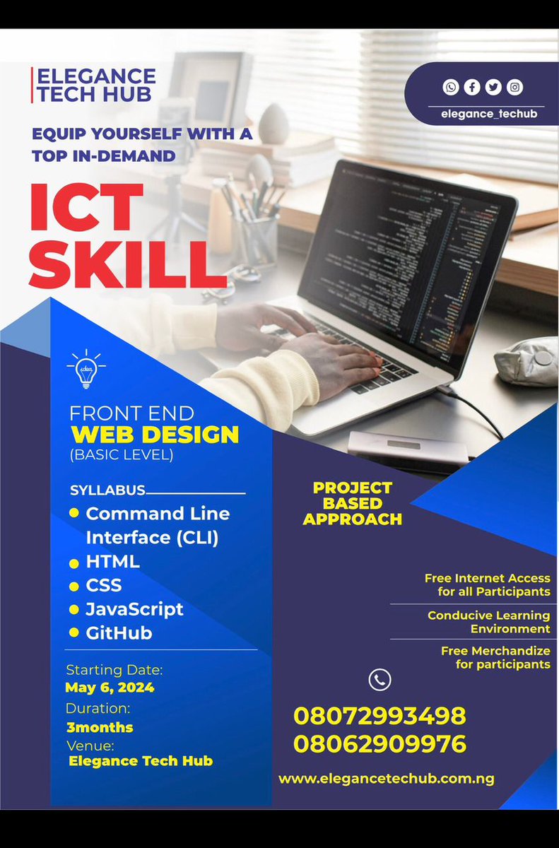 📣 Join us at @Elegance_techub in Osogbo osun state  to boost your tech skills! Learn Front-End  Web Development, Data Analysis, and WordPress Web Design with FREE INTERNET access. 

Don't wait, start your tech journey with us now!