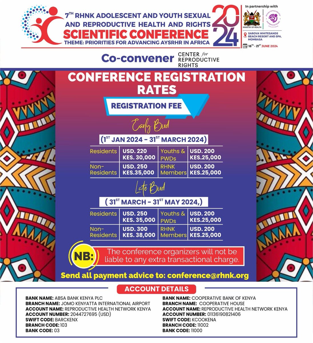 Miss the early bird deal! Worry not, it's just getting better, It's xactly months to the 7th #RHNKConference2024, Secure your chance today, Pay your registration fee today, Secure your participation today, Don't miss this opportunity to engage with experts in the #SRHR realm
