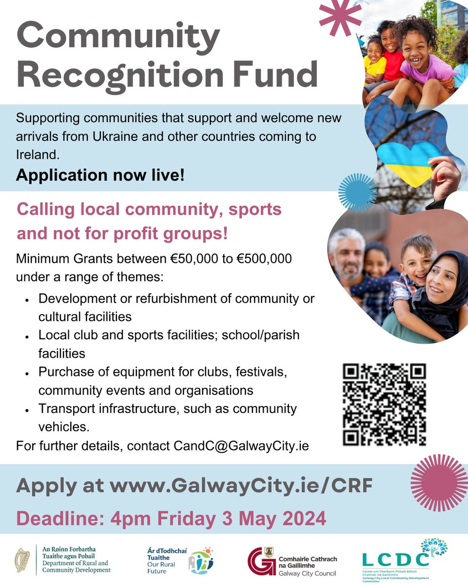 Community Recognition Fund- Application now live! Calling local community, sports and not for profit groups: Minimum Grants between €50,000 to €500,000 under a range of themes. Apply now at GalwayCity.ie/CRF Deadline 4pm 3 May 202 More info: CandC@GalwayCity.ie