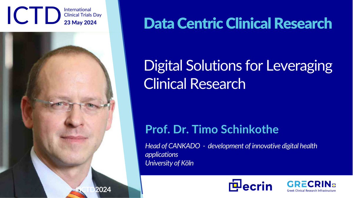 Join us for #ICTD2024 on May 23, 2024! 🌍 Prof. Dr. Timo Schinkothe, Head of @CANKADO_Tweet, will spotlight the development of innovative digital health solutions for leveraging clinical research. 🔍 Register online now: grecrin.gr/2024_annual_ev…