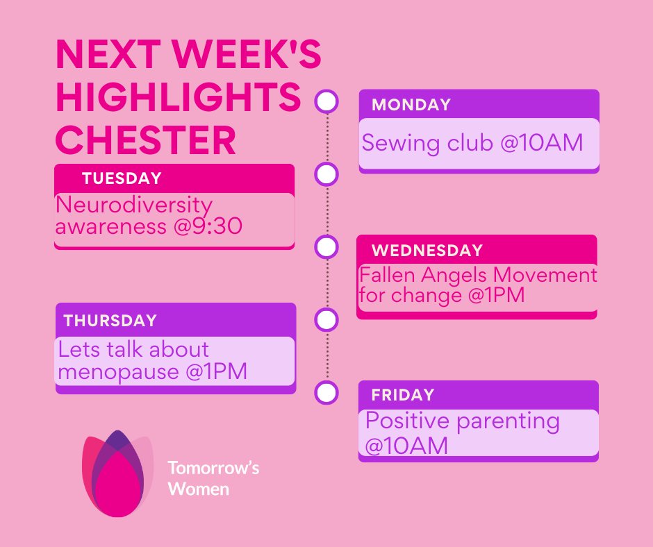 Happy Friday! Here’s next week’s highlights of what we have going on at #tomorrowswomenwirral and #tomorrowswomenchester. Remember to check out our timetable for everything else we have going on 💗 #supportforwomen #supportinwirral #supportinchester