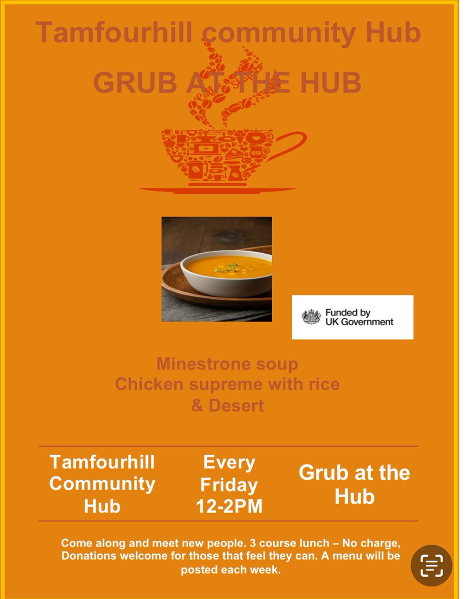 Grub at the hub is on today.
Come along grab a bite to eat and a blether, Free 3 course meal, 
This is a funded project through <a href="/falkirkcouncil/">Falkirk Council</a>  <a href="/_Government_UK/">UKGovernment</a> via the UK Shared Prosperity Fund. 
<a href="/CVSFalkirk/">CVS Falkirk</a> 
All welcome - All ages. 
#warmspace #social