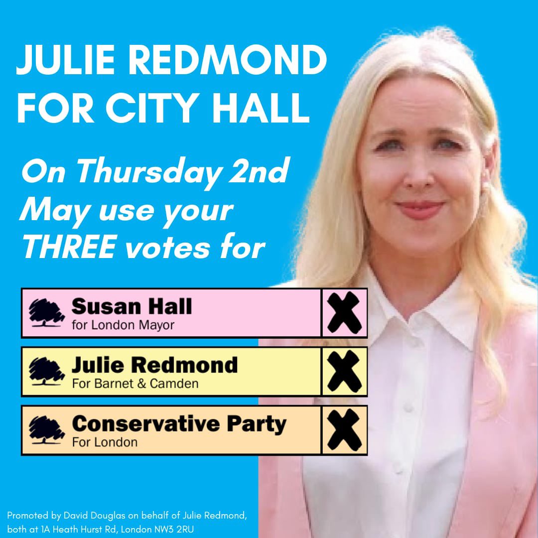 Please remember to use your THREE votes to back @Councillorsuzie @JulieredmondW and the Conservative Party on Thursday 2nd May @cwowomen @LondonCWO