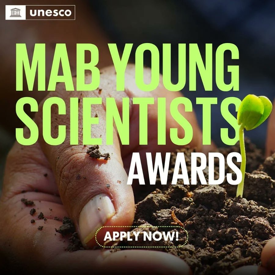 Until 15 May 2024, applications for the 2024 MAB Young Scientists Awards are open. Created in 1989, the grant sheds light on interdisciplinary research in line with UNESCO's Man and the Biosphere Programme carried out by young scientists. Details: unesco.org/en/mab/young-s…