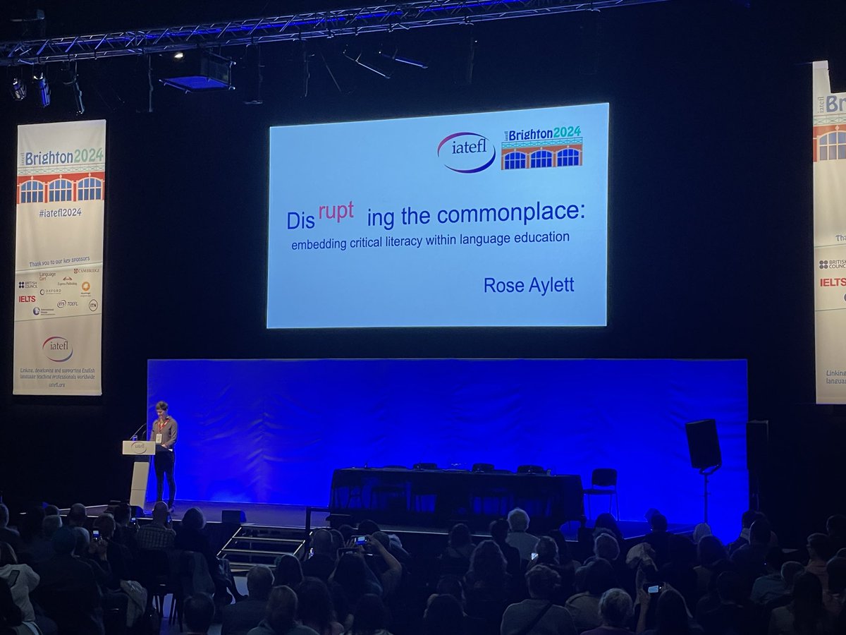 Really excited to see Rose Aylett talking about critical literacy, and language and power in education. Nice that she starts by acknowledging #IATEFL2024 for choosing all-female plenary speakers this year