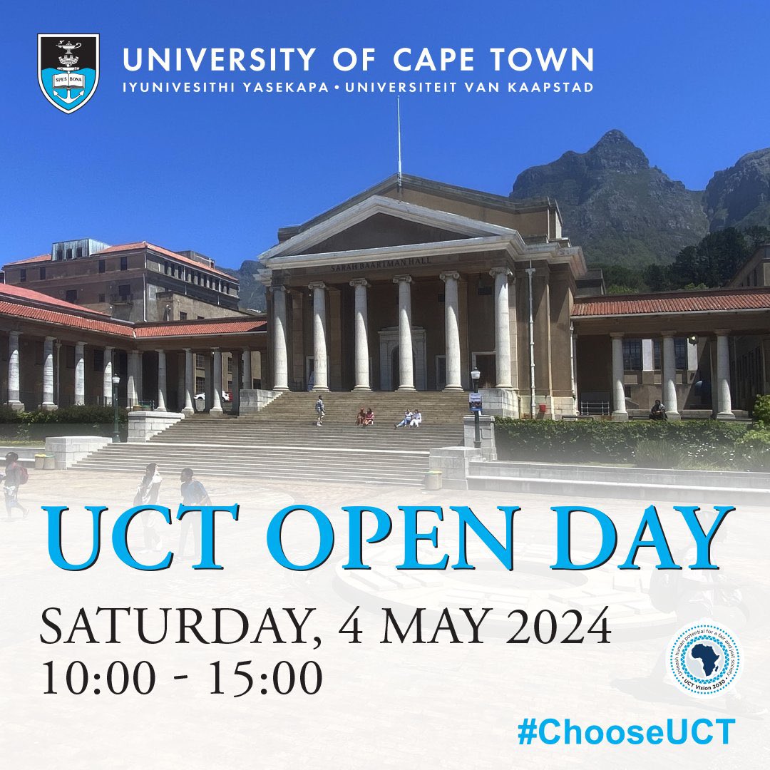 UCT Open Day will take place on Saturday, 4 May 2024 from 10:00 to 15:00.

Come immerse yourself in an array of activities, ranging from faculty exhibitions and informative sessions to guided tours spread across three campuses: Upper, Middle and the Health Sciences! 

Remember,