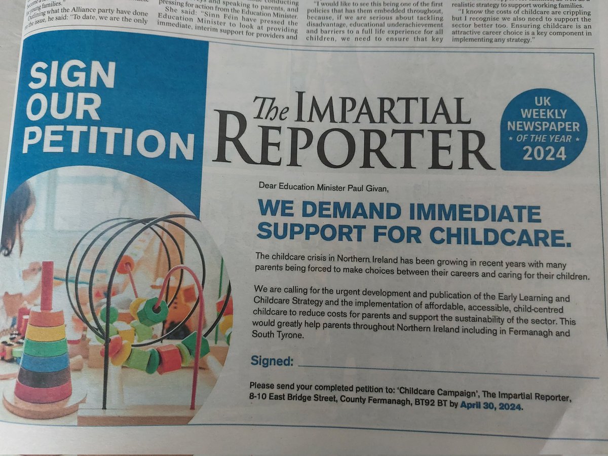 📣Fermanagh parents - get your copy of this week's @impartialrep & sign their #childcare petition calling for immediate support with childcare & publication of new Early Learning & Childcare Strategy.