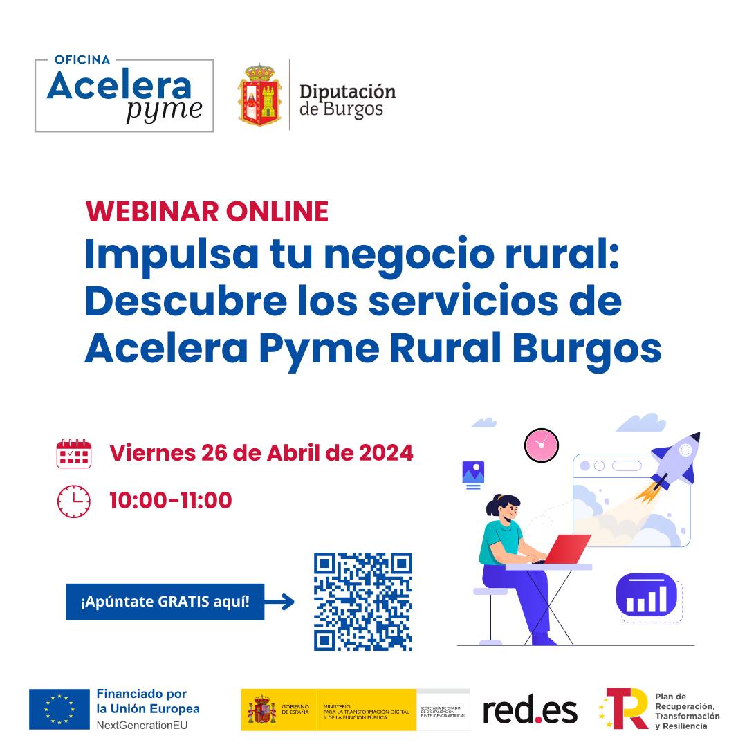 El 26 de abril, el <a href="/AceleraPymeBur/">Acelera Pyme Rural Burgos</a> RURAL organiza una jornada online en directo para presentar sus servicios y ayudarte a digitalizar tu negocio. ¿Quieres descubrir lo que podemos hacer por ti? Inscríbete en eventbrite.es/e/881182278917…