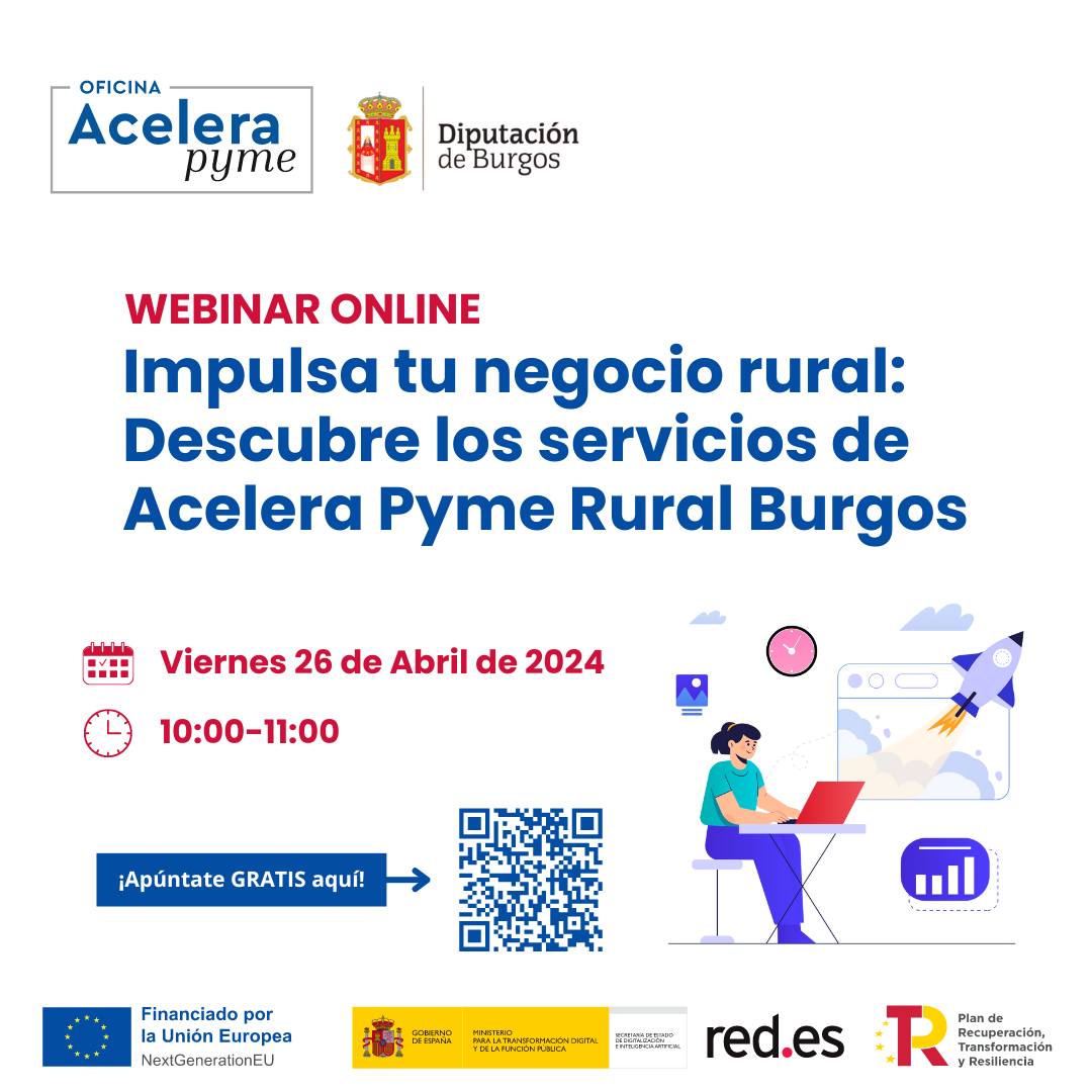 El 26 de abril, el @AceleraPymeBur RURAL organiza una jornada online en directo para presentar sus servicios y ayudarte a digitalizar tu negocio. ¿Quieres descubrir lo que podemos hacer por ti? Inscríbete en eventbrite.es/e/881182278917…