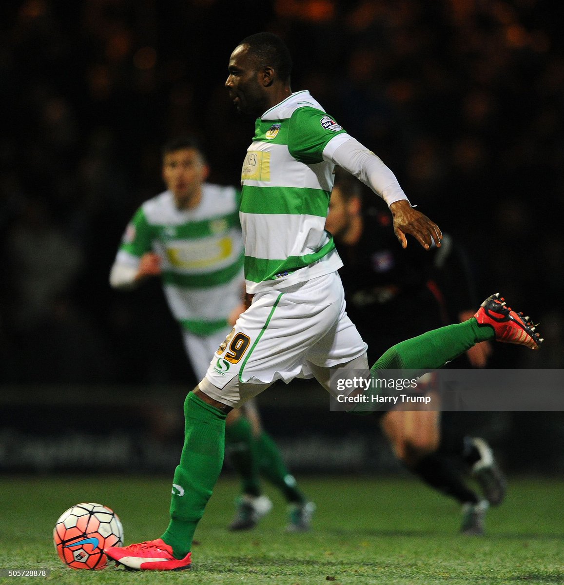 Francois Zoko of Yeovil Town misses a penalty during the Emirates FA Cup Third Round replay match between Yeovil Town and Carlisle United at Huish Park in Yeovil, England (2016)