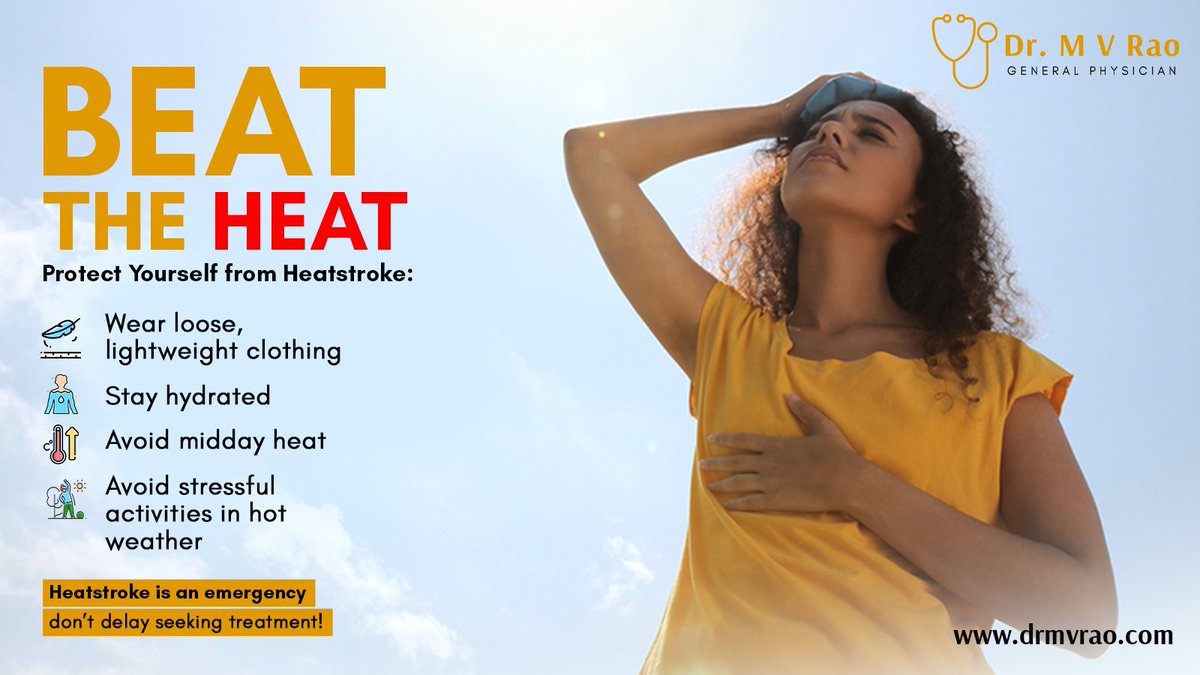 Heatstroke Alert!
When your body overheats from too much sun , it's time to act fast!
-Offer sips of water 
-Elevate the person's legs to improve circulation
-Use cool, not ice cold, water for cooling

#drmvrao #generalphysician #heatstroke #beattheheat #lightweightclothing