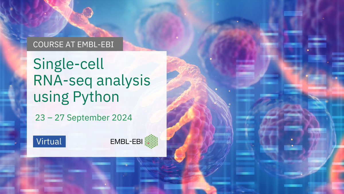 EMBL-EBI Training (@ebitraining) on Twitter photo Join us online for our #singlecell RNA-seq analysis course using Python.
We'll cover the analysis of single-cell RNA-seq data using <a href="/ThePSF/">Python Software Foundation</a> and command line tools.
Run in association with <a href="/BioInfoCambs/">Cambridge Bioinformatics Training</a> & <a href="/CRUK_CI/">CRUK Cambridge Institute</a> bioinformatics core.
Apply by 9 June: ebi.ac.uk/training/event… Join us online for our #singlecell RNA-seq analysis course using Python.
We'll cover the analysis of single-cell RNA-seq data using <a href="/ThePSF/">Python Software Foundation</a> and command line tools.
Run in association with <a href="/BioInfoCambs/">Cambridge Bioinformatics Training</a> & <a href="/CRUK_CI/">CRUK Cambridge Institute</a> bioinformatics core.
Apply by 9 June: ebi.ac.uk/training/event…