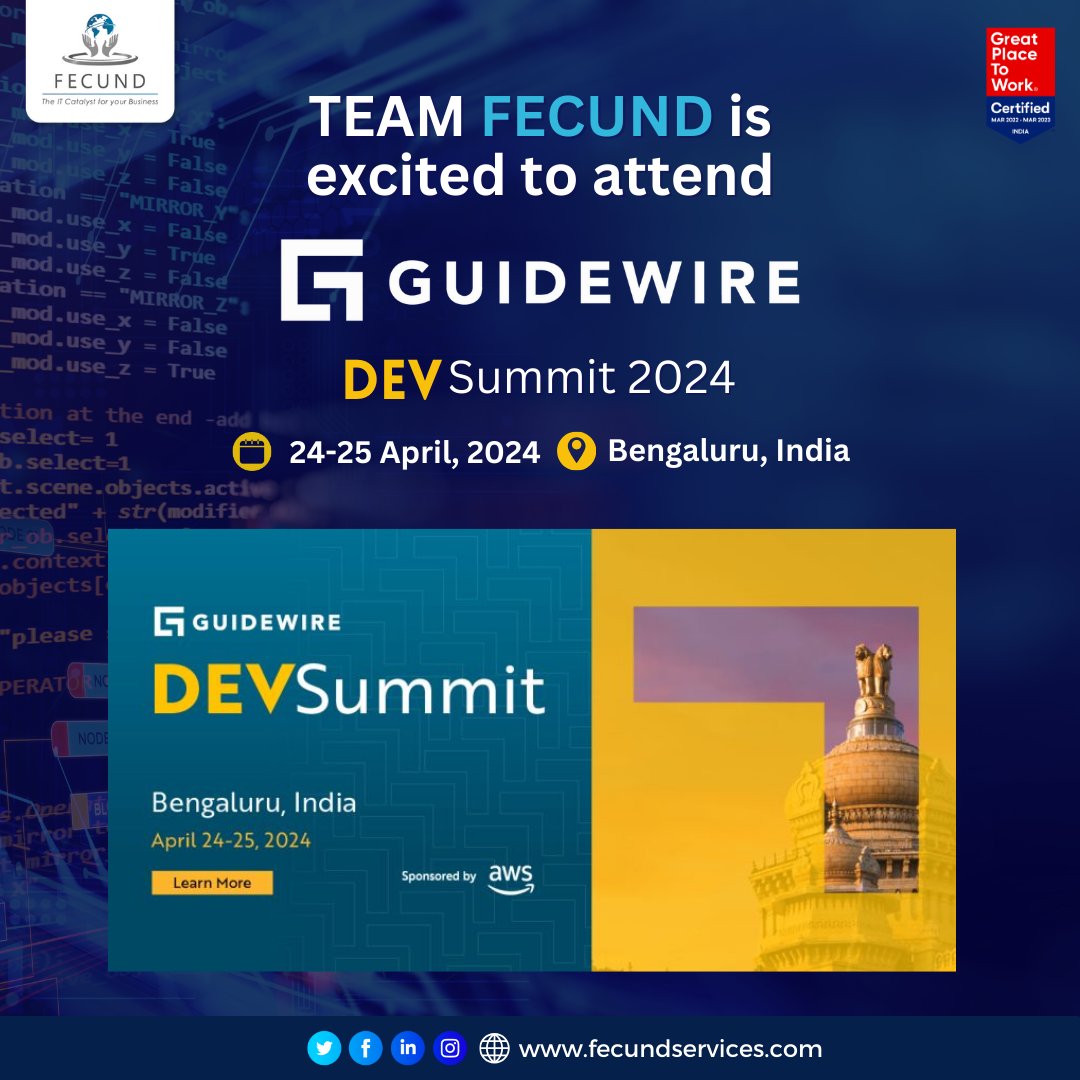 FECUND is excited to announce its participation in the Guidewire DEVSummit 2024. If you're looking for a dependable partner with a comprehensive range of Guidewire services customized to your needs, we'd like to invite you to engage with our team during the event. 

#Guidewire