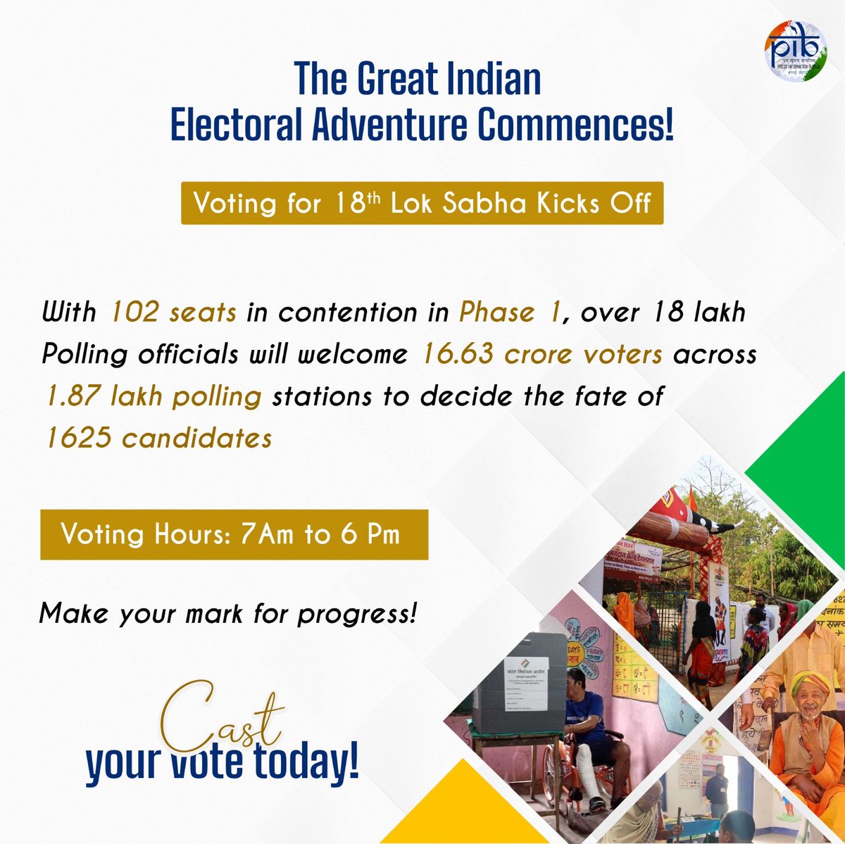 The Great Indian Electoral Adventure Commences! 🙌✨ Today is Polling day for Phase-I of #GeneralElections2024. Don’t miss your chance and cast your vote today🗳️ ⏰Voting Hours: 7 AM to 6 PM