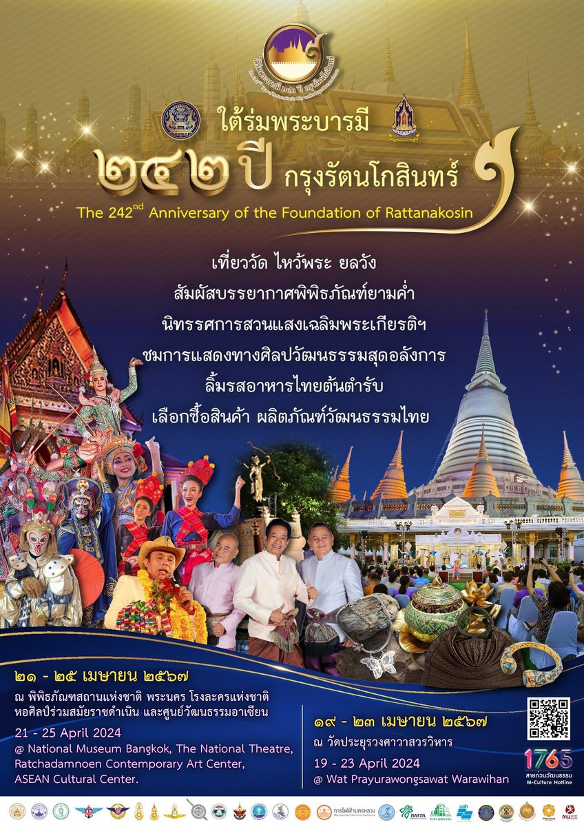Events for the 242nd Anniversary of the Foundation of Rattanakosin will be taking place in the Sanam Luang area from 19-23 April at Wat Prayurawongsawat Warawihan and from 21-25 April at the National Museum, The National Theatre, Ratchadamnoen Contemporary Art Center, and ASEAN…