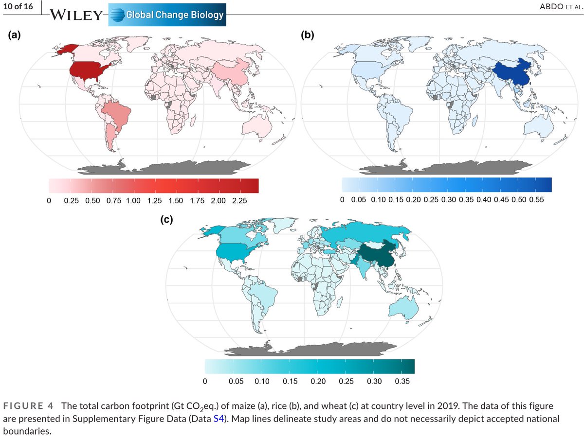🌾NEW in @GlobalChangeBio Carbon footprint of synthetic #nitrogen under staple crops: A first cradle-to-grave analysis doi.org/10.1111/gcb.17… First complete #global analysis of #carbonfootprint for: #Rice #wheat #maize 🌾 #agriculture #CO2 #N2O #CH4 #landuse #Fertilisers