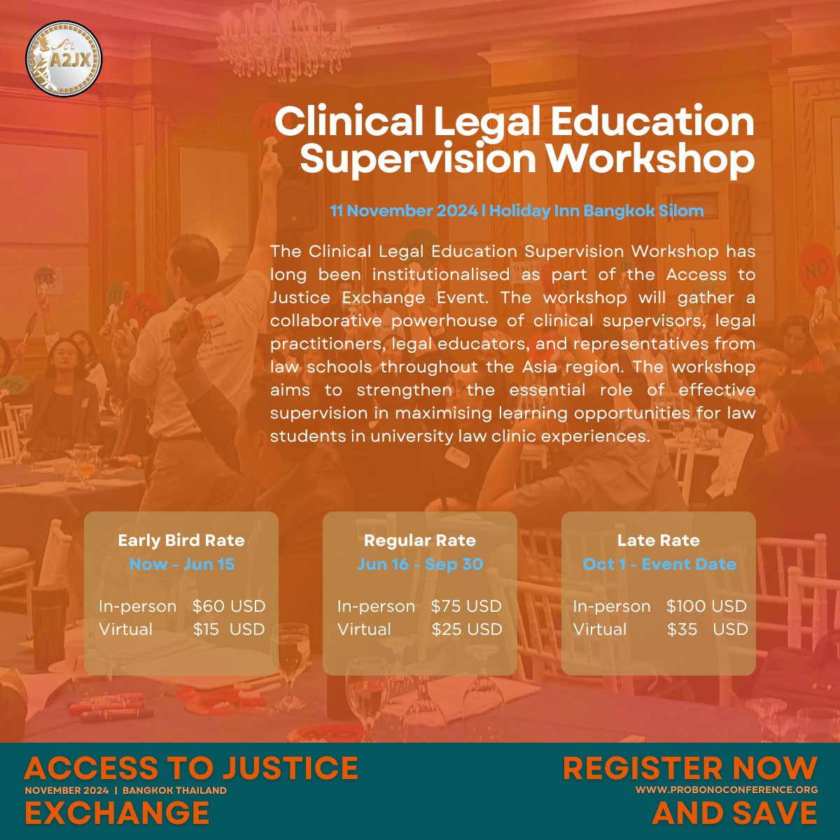 Join us for the Clinical Legal Education Supervision Workshop, where key stakeholders in the clinical legal education sphere across Asia and globally will share their stories and experiences. 

Early bird rates are available until June 15th.

Register now. probonoconference.org/clinical-legal…