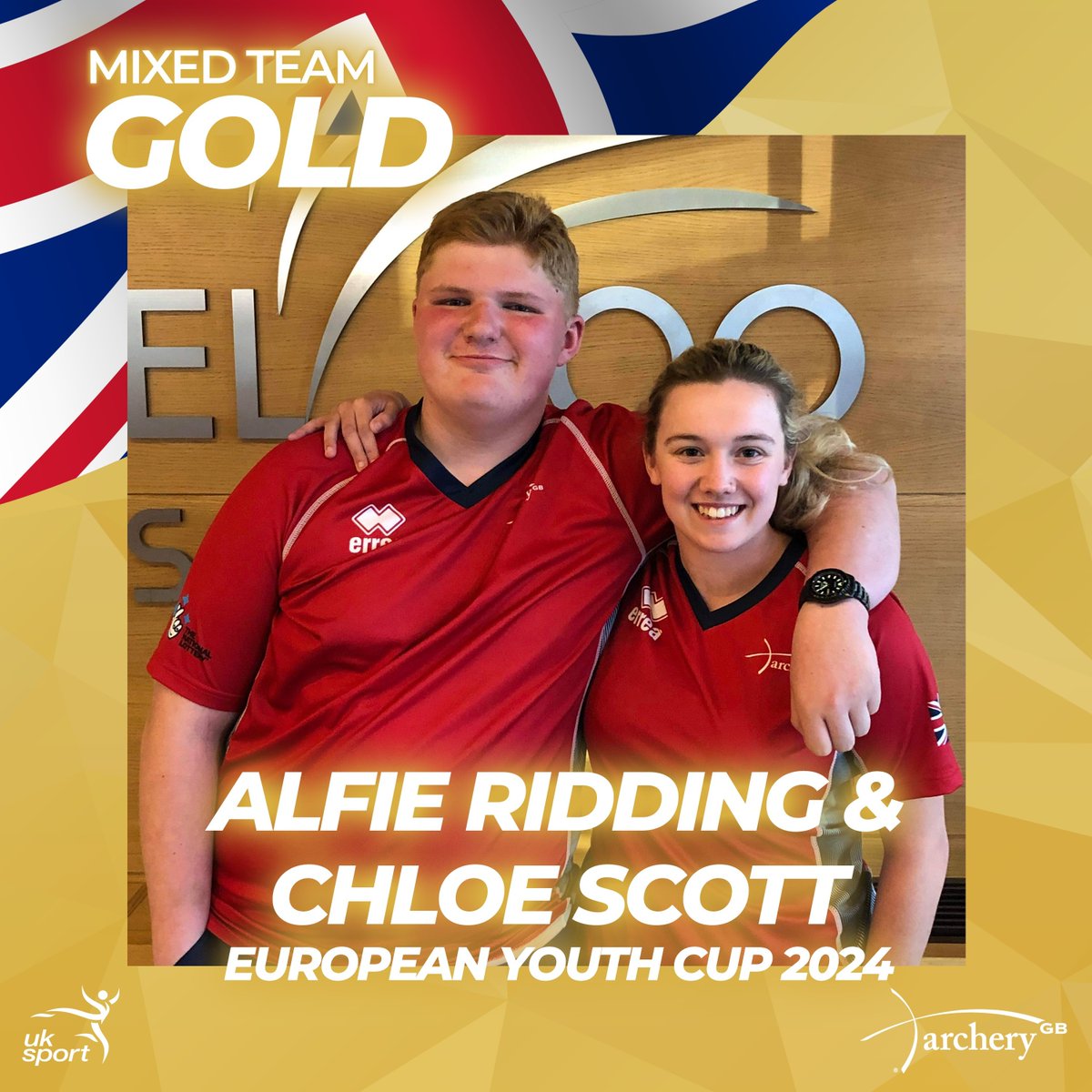 archerygb's tweet photo. GB have struck gold at the European Youth Cup 2024! 🥇
Alfie Ridding and Chloe Scott have won the U18 compound mixed team gold at the event in Bulgaria.
GB also claimed a silver medal with Hallie Boulton and Finlay Clark coming second in the U21 compound mixed team final. https://t.co/DpaG80M19b