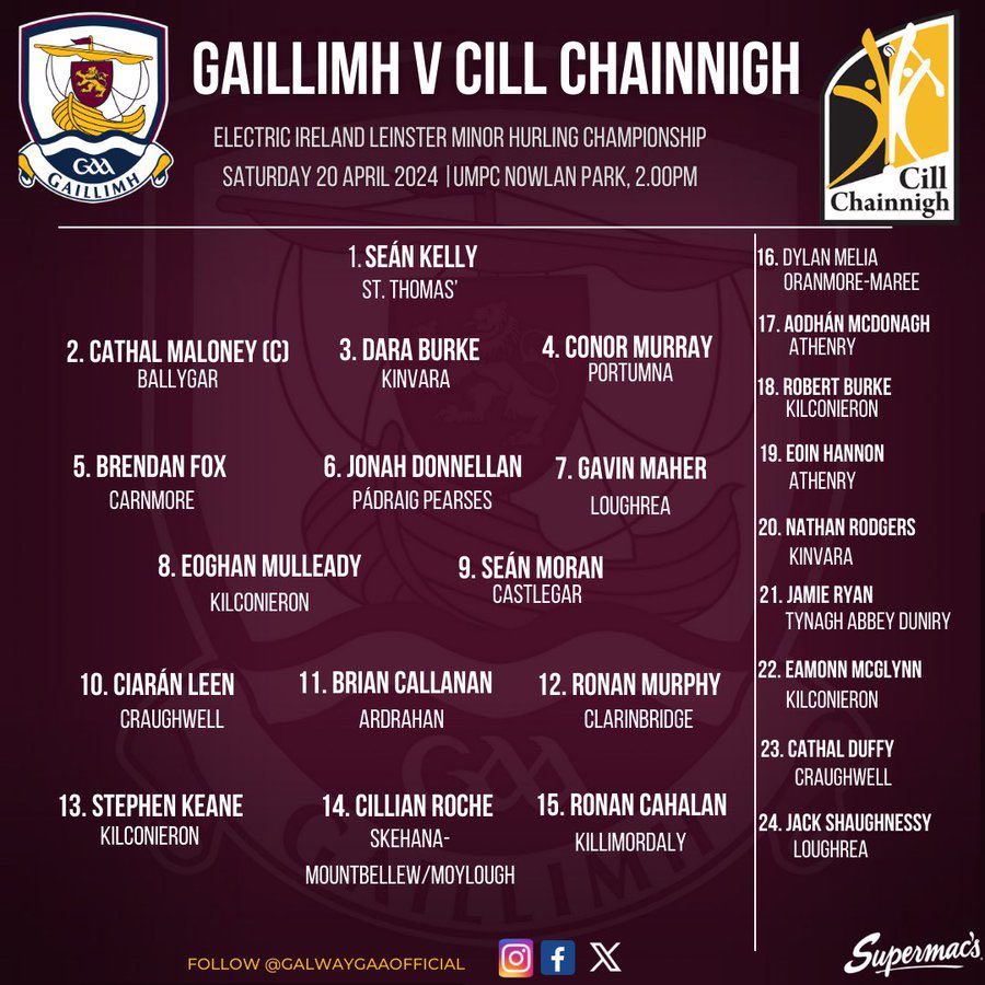 The Galway minor hurlers begin their Leinster championship campaign on Saturday when they travel to Nowlan Park to take on Kilkenny at 2pm. The team for the game has been selected. The team in full is: