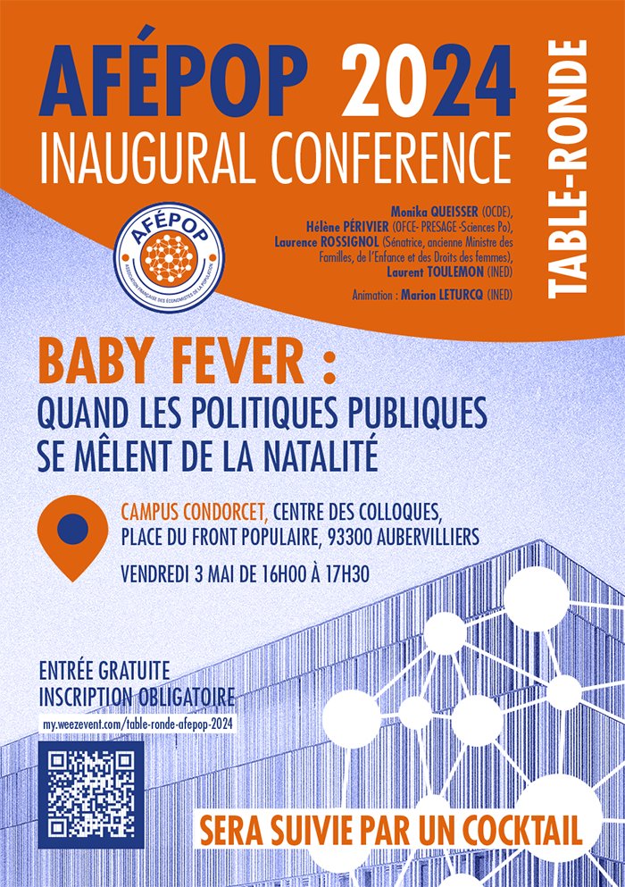 AfepopAsso's tweet photo. 🔴 Natalité et Politiques Publiques 🧑‍🍼

📢🎙️L'@AfepopAsso organise lors de sa conférence inaugurale une table ronde avec @laurossignol, @HelenePerivier, L. Toulemon, M. Queisser &amp; @MarionLeturcq

🗓️ 3 Mai - 16h à 17h30
📍 Campus Condorcet
🔗 Inscriptions : https://t.co/SJpMqiVI5K https://t.co/ojl5qI4q5O