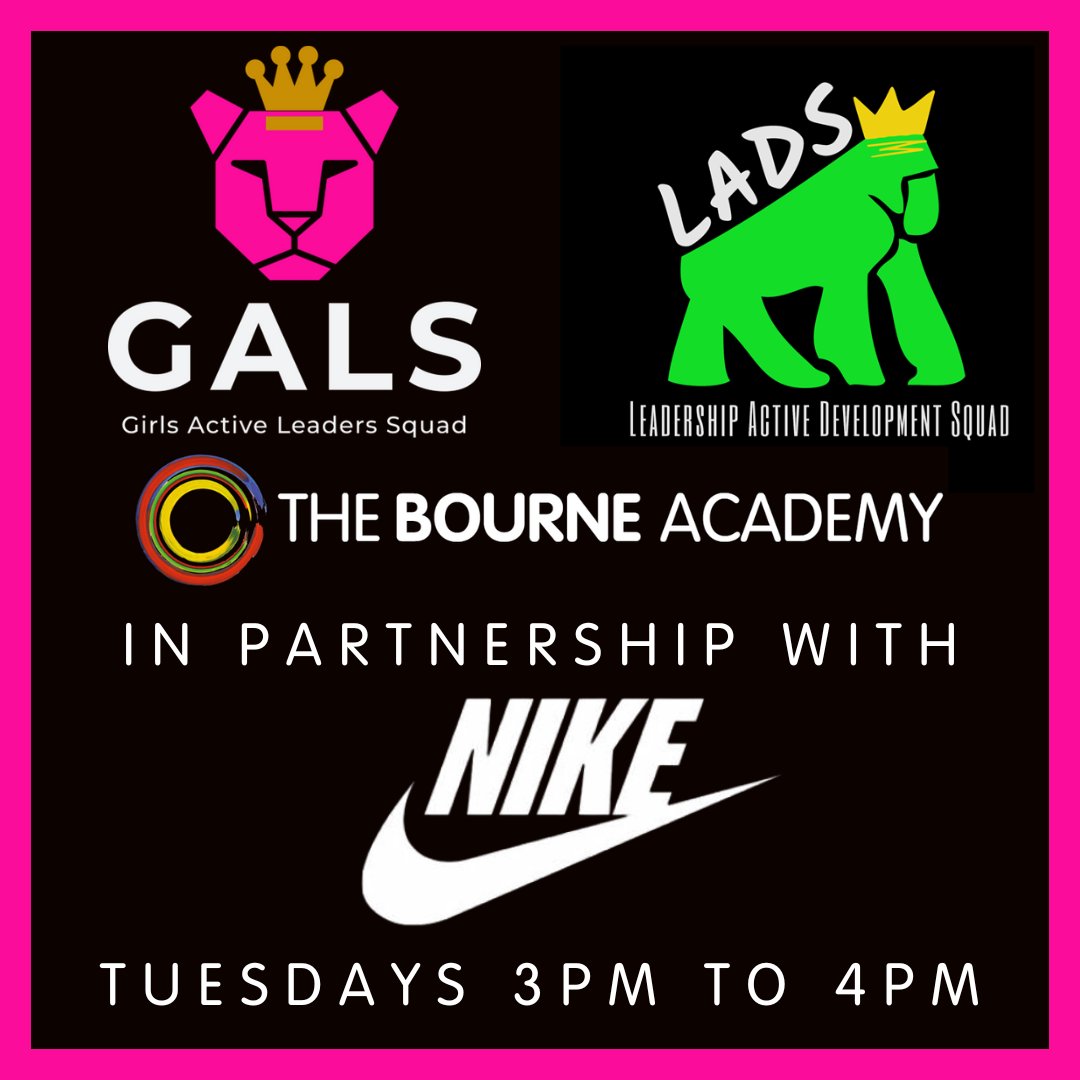 We are thrilled to announce we will be in partnership with Nike this terms. @Nike will be sending brand ambassadors to The Bourne Academy to support GALS and LADS, so come along and bring a friend on Tuesday's from 3pm - 4pm. Let's get active with Nike! #GALS #LADS #Nike
