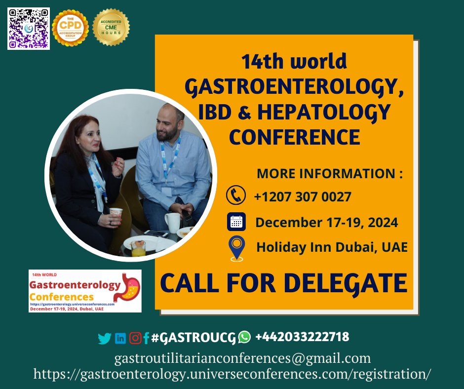 Call for Delegate The 14th World Gastroenterology, IBD & Hepatology Conference, from Dec 17-19, 2024 in Dubai, UAE & Virtual wa.me/442033222718?t… …troenterology.universeconferences.com/registration/ #IBD #CrohnsDisease #UlcerativeColitis #IBDAwareness #IBDCommunity #GutInflammation #IBDLife #Crohns