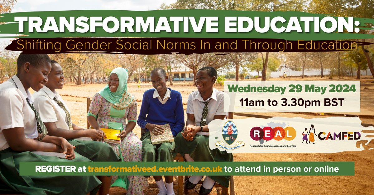 📢Transformative Education event📢 Join us Wed 29 May as we highlight new research on interventions with potential to shift harmful gender social norms in & through education with @Camfed & @UdsmOfficial Great line-up of speakers! Join in person or online: TransformativeEd.eventbrite.co.uk