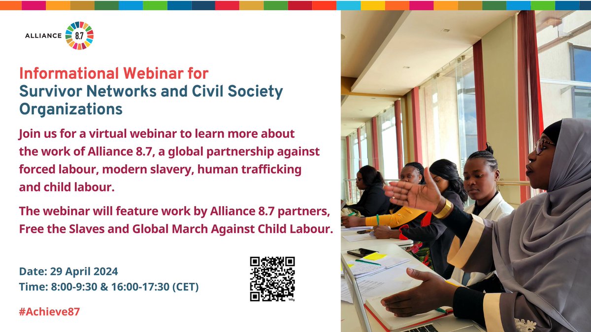 📢Join our informational webinar for survivor networks and civil society organizations on Monday, 29 April!

Learn about Alliance 8.7 and how survivor networks and CSOs are engaging in the Pathfinder Country process.
👇
Register here: rb.gy/asrzi3.

#Achieve87