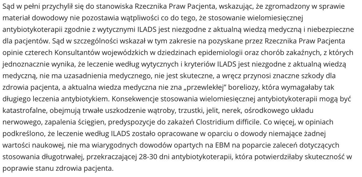 Stosowanie metody ILADS w leczeniu boreliozy jest niezgodne z aktualną wiedzą medyczną i narusza prawa pacjenta – stanowisko Rzecznika Praw Pacjenta potwierdził Wojewódzki Sąd Administracyjny w Warszawie. gov.pl/web/rpp/wyrok-…