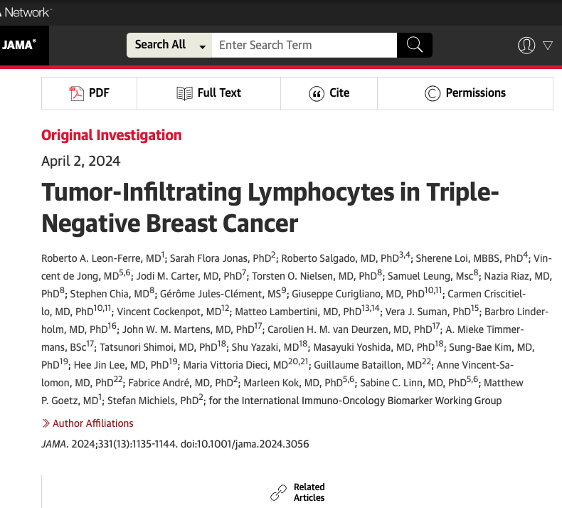 Out on @JAMA_current 🚨 Tumor-Infiltrating Lymphocytes in Triple-Negative Breast Cancer In patients with early-stage Triple Negative #BreastCancer who did not undergo adjuvant or neoadjuvant chemotherapy🧪 ➡️breast cancer tissue with a higher abundance of TIL levels was…